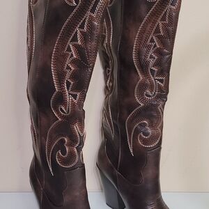 Women's Brown Embroidered Western Knee-High Boots